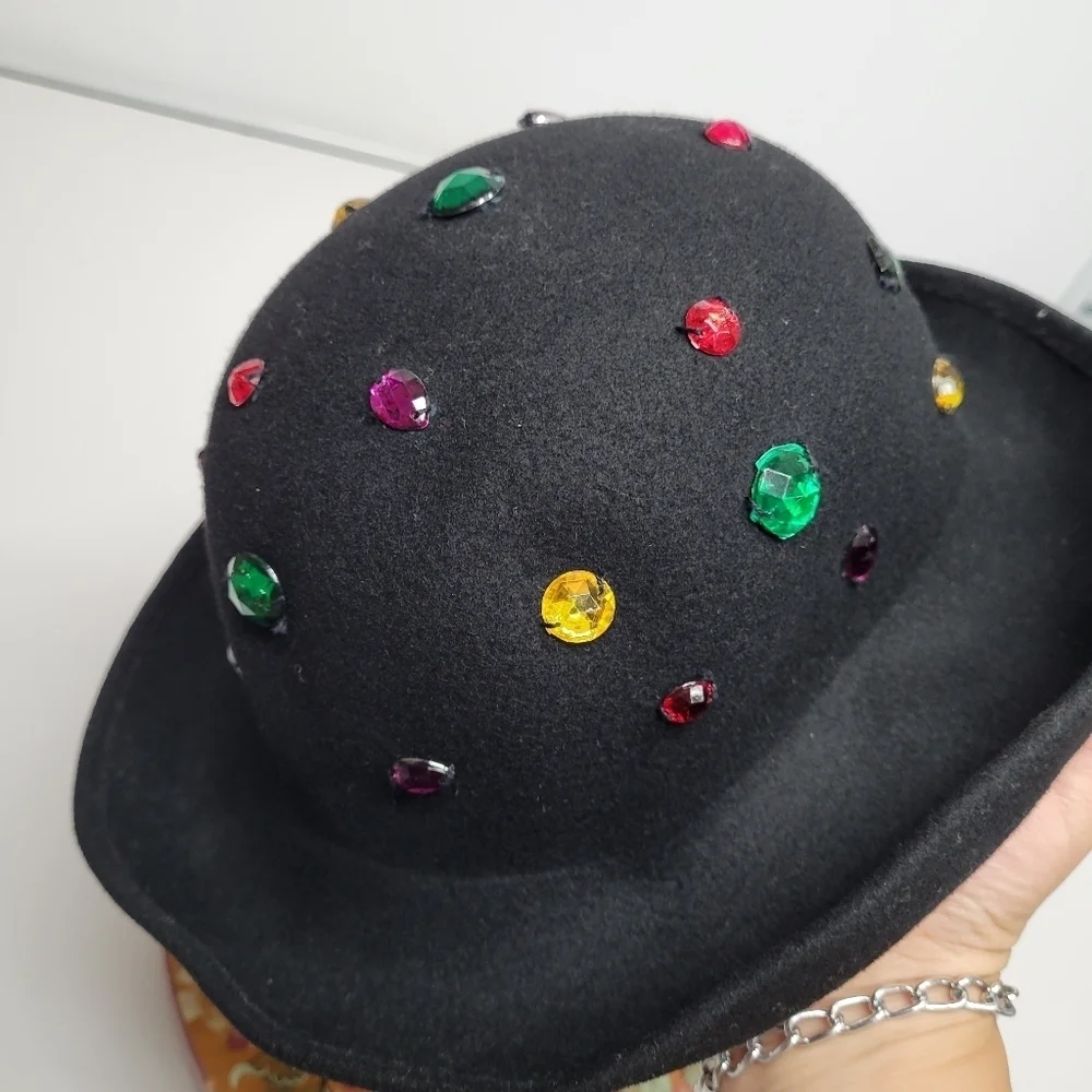 Vintage Wool Bejewled Made in Italy Black Hat Silver‎ Studs Felt 60s Retro - Picture 12 of 17